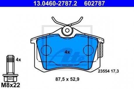 Колодки гальмівні (задні) Audi/Seat/Skoda Fabia/Octavia/VW Caddy/Passat 96-/Renault Megane 97-03 (Lucas/TRW) ATE 13.0460-2787.2