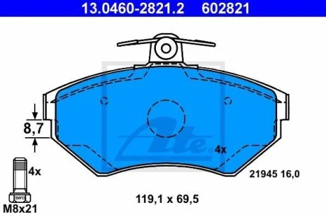 Тормозные колодки дисковые, комплект ATE 13.0460-2821.2