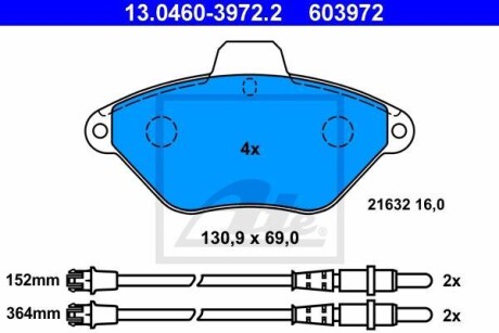 Тормозные колодки дисковые, комплект ATE 13.0460-3972.2