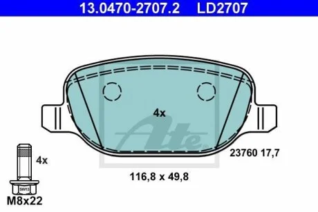 Тормозные колодки дисковые CERAMIC, комплект ATE 13.0470-2707.2