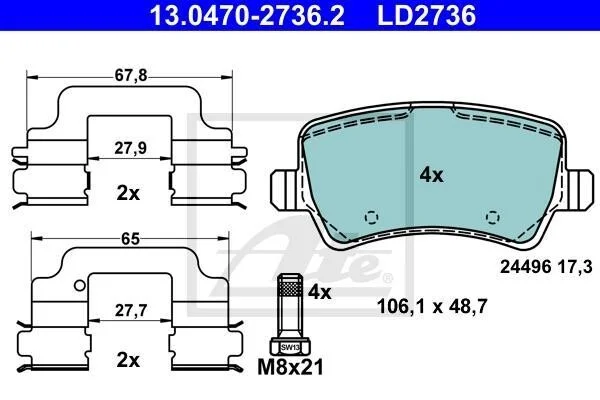 Керамічні гальмівні колодки задн, VOLVO S60 II, S80 II, V60 I, V70 III, XC60 I, XC70 II 1.5-4.4 03.06-12.18 ATE 13.0470-2736.2 (фото 1)