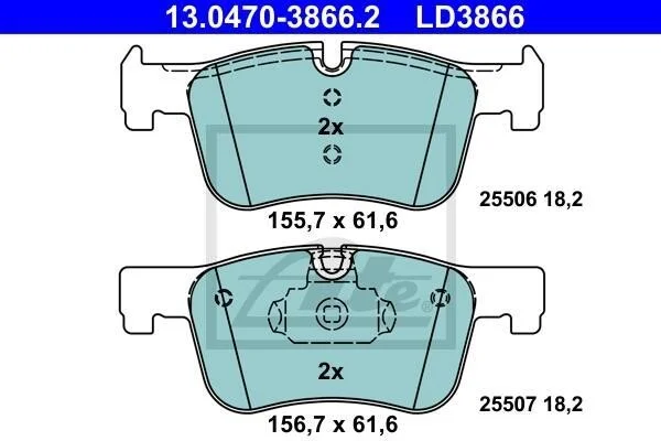 Керамічні гальмівні колодки передн, BMW 1 (F20), 1 (F21), 2 (G42, G87), 3 (F30, F80), 3 (F31), 3 (G20, G80, G28), 3 (G21, G81), 3 GRAN TURISMO (F34), 4 (F32, F82), 4 (F33, F83) 1.5-2.0DH 07.11- ATE 13.0470-3866.2 (фото 1)