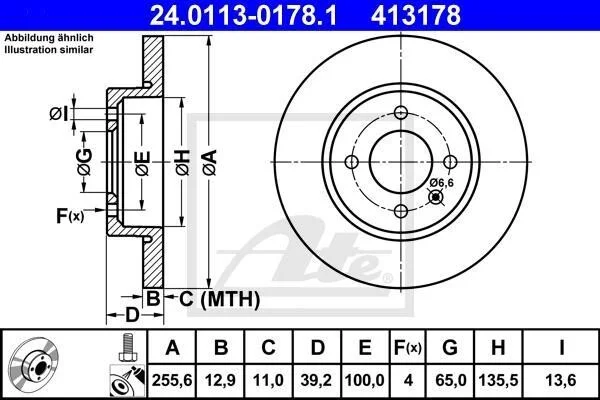 Диск гальмівний передн лів/прав CHERY COWIN 3 SEAT INCA, TOLEDO I VW CADDY II, GOLF III, GOLF IV, PASSAT B3/B4, VENTO 1.4-2.0 02.88-12.12 ATE 24.0113-0178.1 (фото 1)