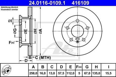 Тормозной диск передний невентилируемый ATE 24.0116-0109.1