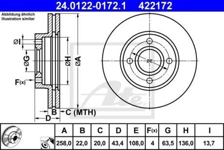 Диск гальмівний (передній) Ford Fiesta 00-08/Focus 98-04/Fusion 02-12 (258x22) (з покр.) (вент.) ATE 24.0122-0172.1