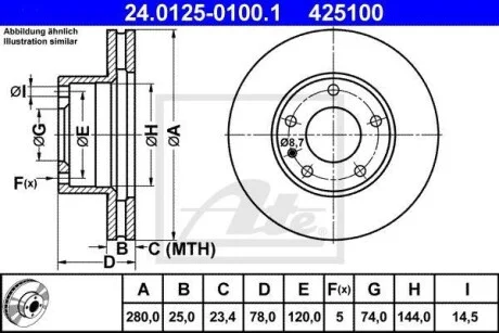 Тормозной диск передний вентилируемый ATE 24.0125-0100.1