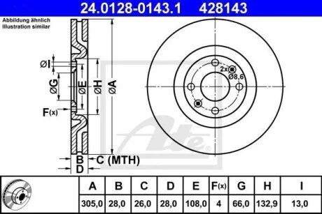 Тормозной диск передний вентилируемый ATE 24.0128-0143.1