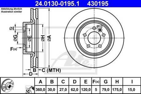 Диск гальмівний (передній) Land Rover Discovery IV 09-/Range Rover Sport 05-13 (360x30)(з покр)(вент) ATE 24.0130-0195.1