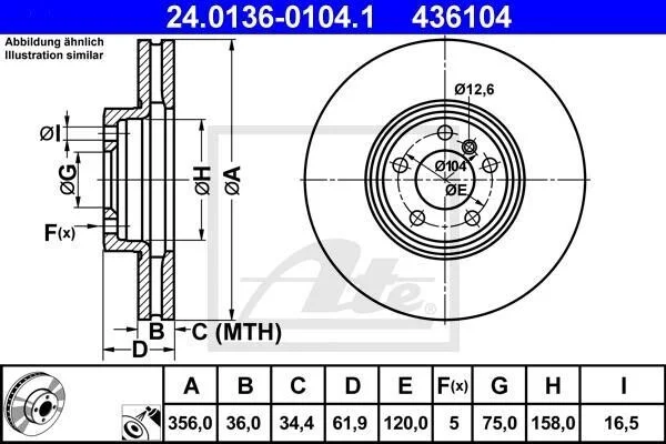 Диск гальмівний передн лів/прав BMW X5 (E53) 4.4/4.6/4.8 10.01-10.06 ATE 24.0136-0104.1 (фото 1)