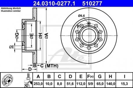 Диск гальмівний (задній) Audi A3//VW Caddy III 04-15/Skoda Octavia III/IV 03- (253x10) PowerDisc ATE 24.0310-0277.1