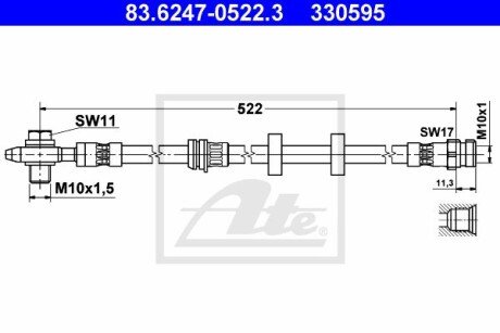 Шланг гальмівний (передній) VW Polo/Skoda Fabia I/II/Roomster/Seat Ibiza 99-15 (L=522mm) ATE 83.6247-0522.3