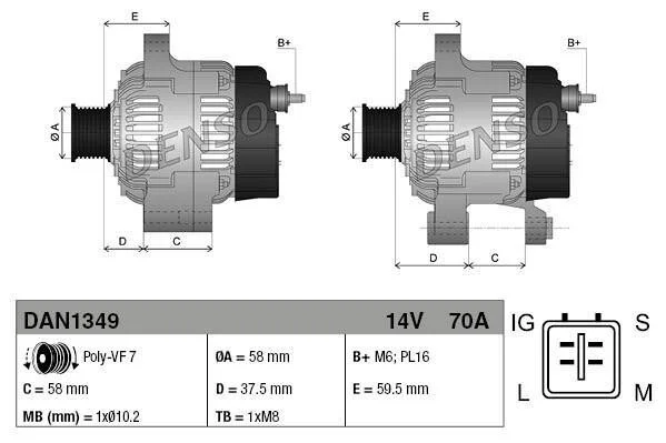Генератор (14В, 70А, новий) TOYOTA DYNA, HIACE IV, HILUX VI, HILUX VII, LAND CRUISER 90, LAND CRUISER PRADO 2.5D/3.0D 08.00- DENSO DAN1349 (фото 1)