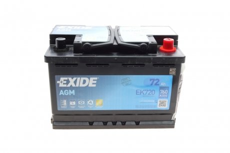 Акумуляторна батарея 72Ah/760A (278x175x190/+R/B13) (Start-Stop AGM) EXIDE EK720