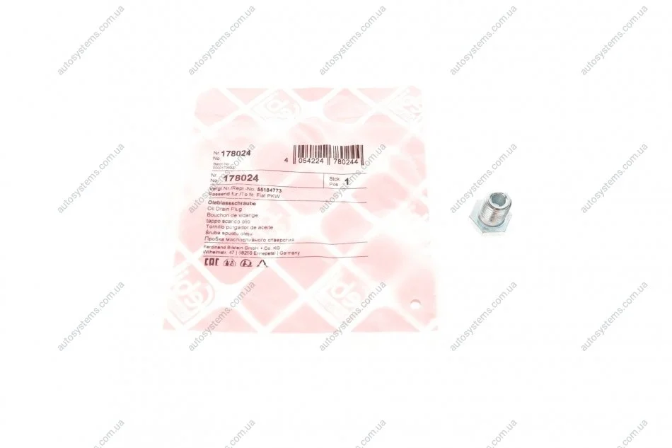 Болт зливу оливи Fiat Doblo 1.4 10- (M12x1.25) FEBI BILSTEIN 178024 (фото 1)