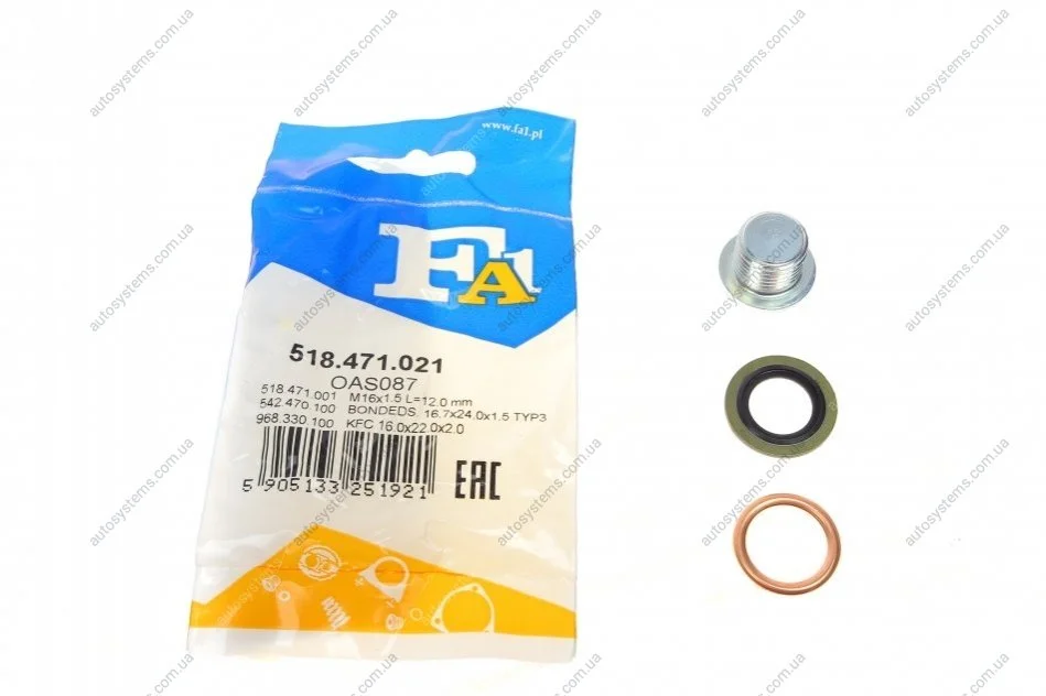 Болт зливу оливи + шайба Citroen/Dacia/Nissan/Opel/Peugeot/Renault/Volvo (M16x1.5) Fischer Automotive One (FA1) 518.471.021 (фото 1)