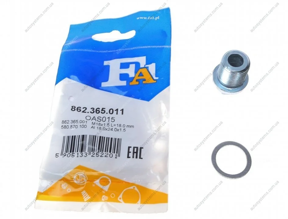 Болт зливу оливи + шайба Volvo 850/960/C30/C70/S40/S60/S80/S90/V40/V60/V70/V90 -12 (M18x1.5) Fischer Automotive One (FA1) 862.365.011 (фото 1)