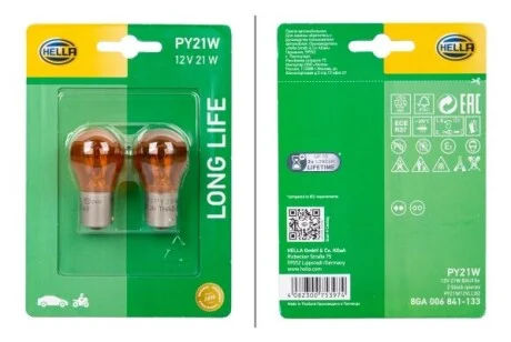 Лампа накаливания желтая PY21W 12V 21W HELLA 8GA 006 841-133