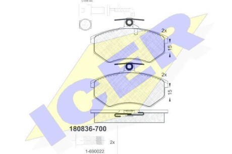 Тормозные колодки дисковые, комплект ICER 180836-700