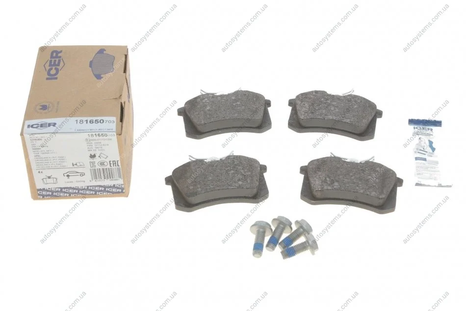 Колодки гальмівні (задні) Audi A4/A6/Renault Scenic/Megane 97-/Fluence/Citroen C3/C4 10-/Peugeot 06 ICER 181650-703 (фото 1)