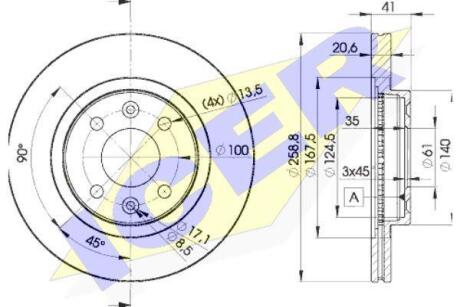 Диск гальмівний (передній) Renault Kangoo 97-/Clio 91-/Megane 95-03/Logan 04-(259x20.6)(з покр)(вент) ICER 78BD3550-2