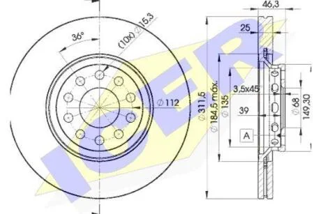 Диск гальмівний (передній) Audi A4/A6/VW Passat 00-09 (312х25) (вент.) ICER 78BD4065-2