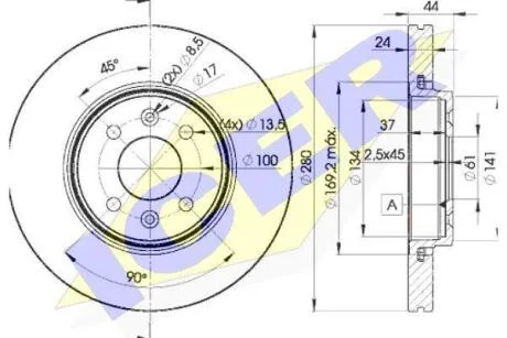 Диск гальмівний (передній) Renault Kangoo 01-/Megane 96-/Scenic 99-/Clio 00-14 (280x24)(з покр)(вент) ICER 78BD7829-2