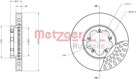 Тормозной диск передний вентилируемый METZGER 6110117