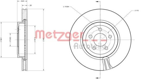 Тормозной диск передний вентилируемый METZGER 6110127