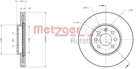 Тормозной диск передний вентилируемый METZGER 6110193