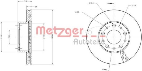 Тормозной диск передний вентилируемый METZGER 6110354