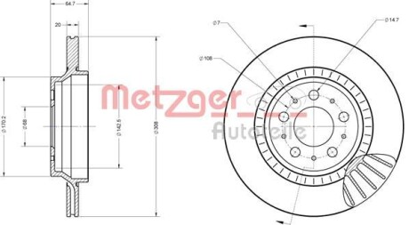 Тормозной диск задний вентилируемый METZGER 6110378