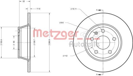 Тормозной диск задний невентилируемый METZGER 6110574