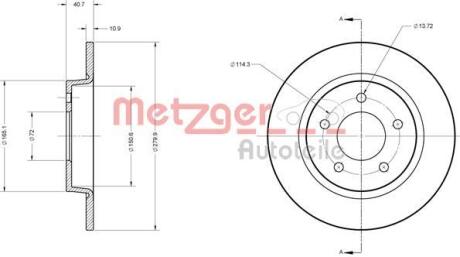Тормозной диск задний невентилируемый METZGER 6110581