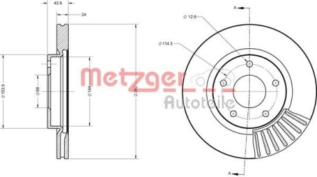 Тормозной диск передний вентилируемый METZGER 6110684