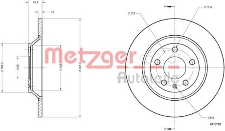 Тормозной диск задний невентилируемый METZGER 6110778