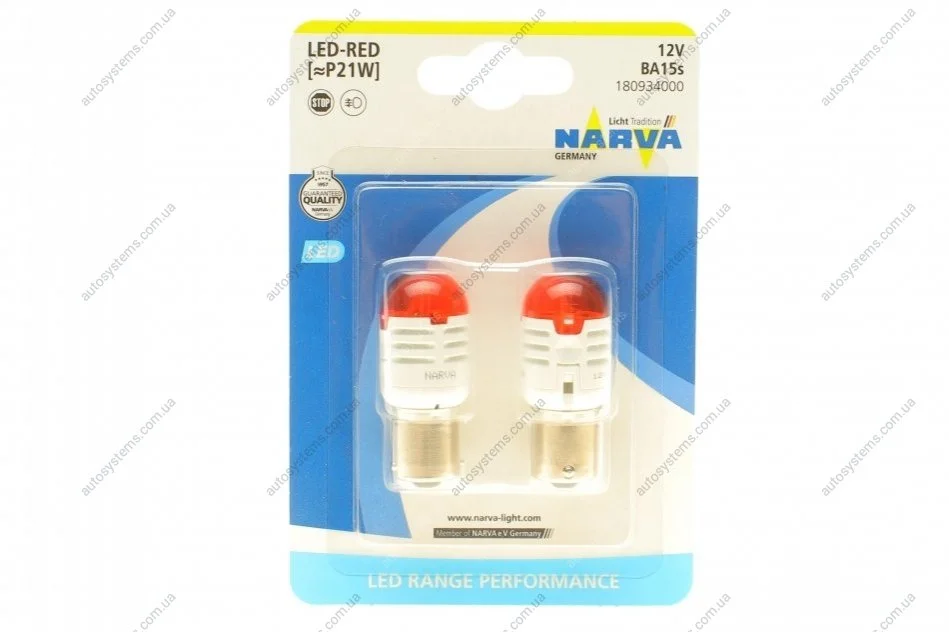 Автолампа P21W 12V BA15s (LED) (червона) (к-кт 2шт.) NARVA 180934000 (фото 1)