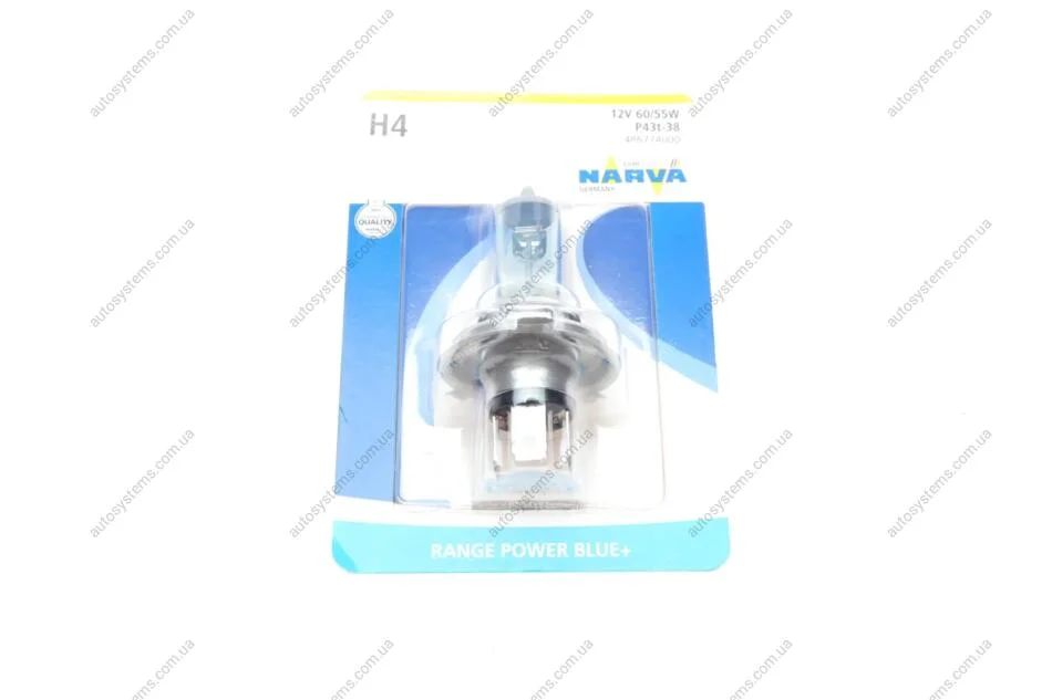 Автолампа H4 12V 60/55W P43t Range Power Blue+ (3700K) (блістер/ 1шт) NARVA 486774000 (фото 1)