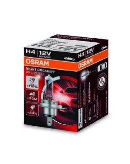 Лампа галогенная Night Breaker Unlimited +110% 12В H4 60/55Вт +110% OSRAM 64193NBU