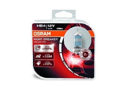 Лампа галогенная Night Breaker Unlimited +110% 12В HB4 51Вт +110% OSRAM 9006NBU-HCB