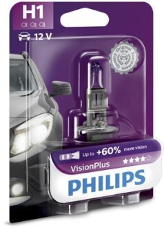 Лампа галогенная Visionplus +60% 12В H1 55Вт +60% PHILIPS 12258VPB1