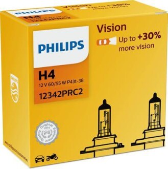 Лампа галогенная Vision +30% 12В H4 60/55Вт +30% PHILIPS 12342PRC2