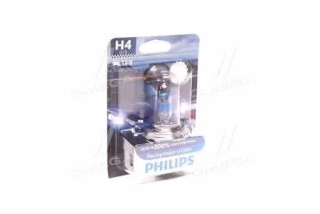 Лампа галогенная Racingvision Gt200 +200% 12В H4 60/55Вт +200% PHILIPS 12342RGTB1