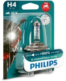 Лампа галогенная X-Tremevision Moto +100% 12В H4 60/55Вт +100% PHILIPS 12342XVBW