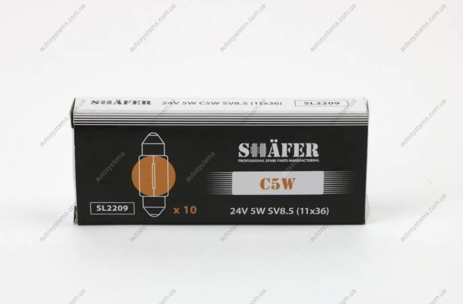 Лампа накаливания 24V 5W C5W SV8.5 (11x36) (картонная упаковка по 10шт)) SHAFER SL2209 (фото 1)
