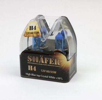 Фото лампа галогенова H4 12V60/55W High Blue top Crystal White +50% (комплект, пластиковий бокс 2шт) SHAFER SL3004C Лампа галогенова H4 12V60/55W High Blue top Crystal White +50% (комплект, пластиковий бокс 2шт) SHAFER SL3004C
