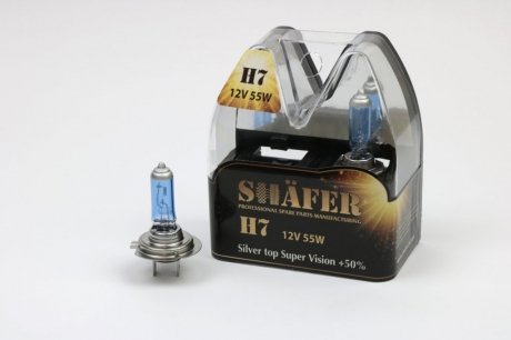 Лампа галогенова H7 12V55W Silver top Super Vision +50% (комплект, пластиковий бокс 2шт) SHAFER SL3007S