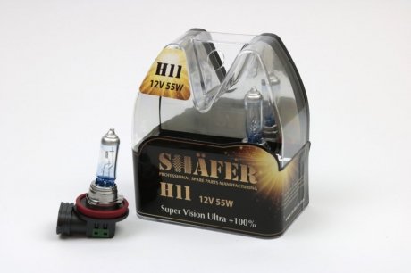 Лампа галогенова H11 12V55W Super Vision Ultra +100% (комплект, пластиковий бокс 2шт) SHAFER SL3011