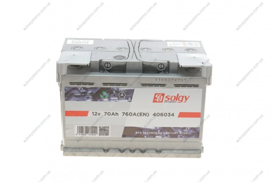 Акумуляторна батарея 70Ah/760A (278x175x190/+R/B13) (Start-Stop EFB) Solgy 406034 (фото 1)