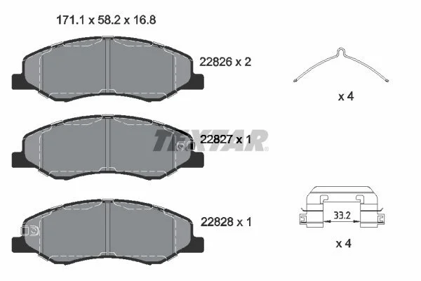Комплект гальмівних колодок, HONDA ODYSSEY HYUNDAI GRANDEUR KIA CEE\'D, CERATO III, PRO CEE\'D 1.6/3.0/3.5 07.11- TEXTAR 2282601 (фото 1)