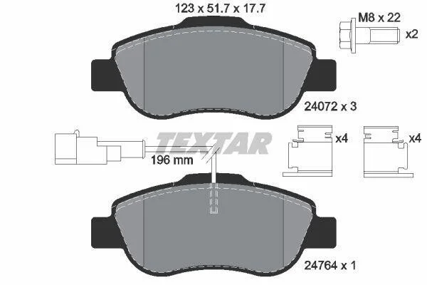 Комплект гальмівних колодок передн, ABARTH 500 / 595 / 695 FIAT 500, 500 C, GRANDE PUNTO, PANDA, PUNTO EVO FORD KA PEUGEOT BIPPER TEPEE 1.2-1.4D 09.03- TEXTAR 2407202 (фото 1)